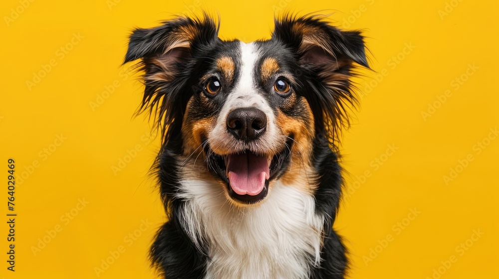 studio headshot portrait of brown white and black medium mixed breed dog smiling against a yellow background
