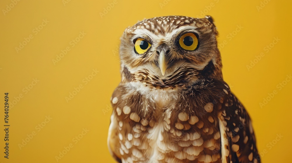 Obraz premium studio headshot portrait owl smiling against a yellow background