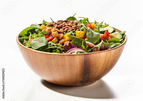 Fresh vegetable salad in wooden bowl on white background Healthy food