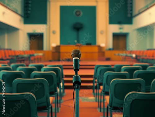 Focus on microphone with empty seats and podium in the background, symbolizing anticipation for an event or speech.