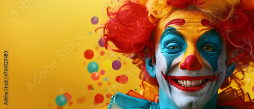An image of a funny clown performing in a circus  with space for text  suitable for April Fools Day promotion or entertainment event advertisement.