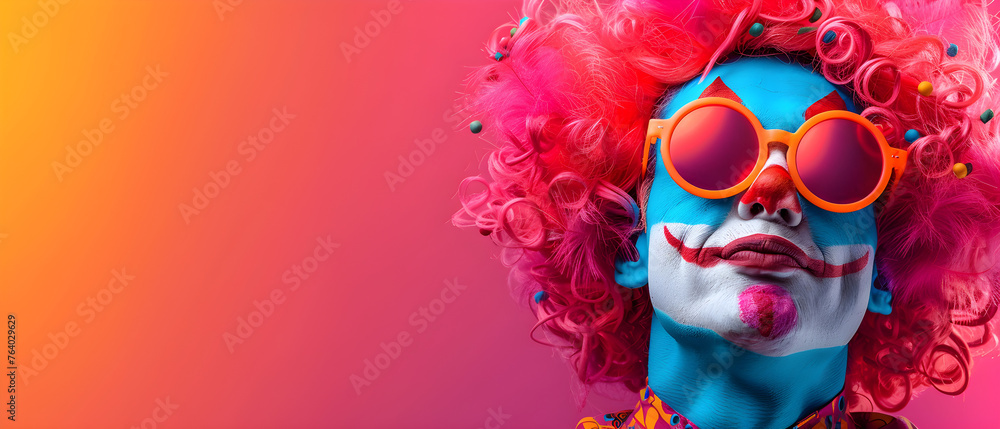 A funny clown in a colorful costume and makeup performing for April Fools Day with a place for text, ideal for event promotion and celebration
