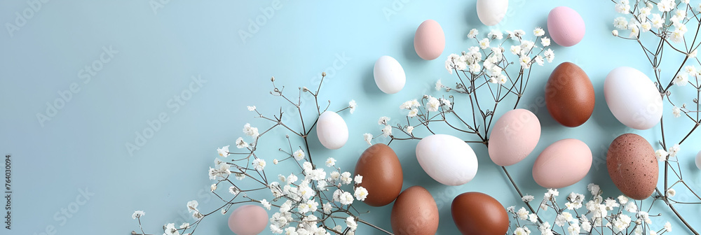 Easter eggs in natural shades and small white flowers on a light pastel blue background. Beautiful Easter illustration for postcard, banner poster with a place for text Easter eggs in natural shades and small white flowers on a light pastel blue background. Beautiful Easter illustration for postcard, banner poster with a place for text