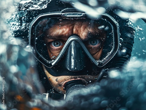 Bring the thrilling experience of deep sea diving to life with a close-up shot that immerses viewers in the action Focus on the intense expressions of divers, equipment details, 