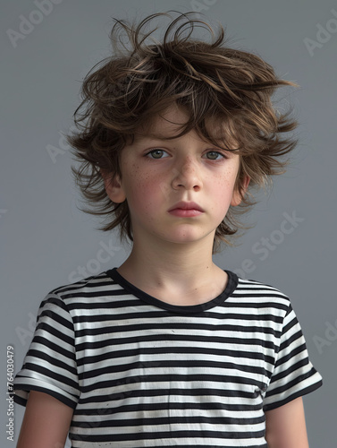 Thoughtful boy with disheveled curly hair and freckles, wearing a striped shirt