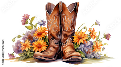  cowboy boots with a yellow and lavender floral bouquet in a side view PNG, in a Country decor-themed, isolated, and transparent watercolor illustration. Generative ai photo
