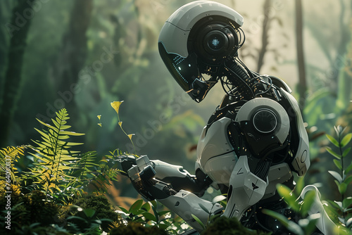 Advanced humanoid robot examining plants in a lush forest
