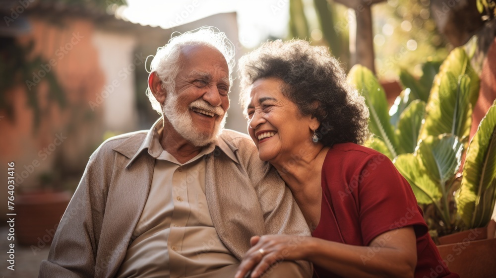 Closeup portrait, retired couple in casual shirt and dress holding each other smiling,enjoying life together, outside green trees background.