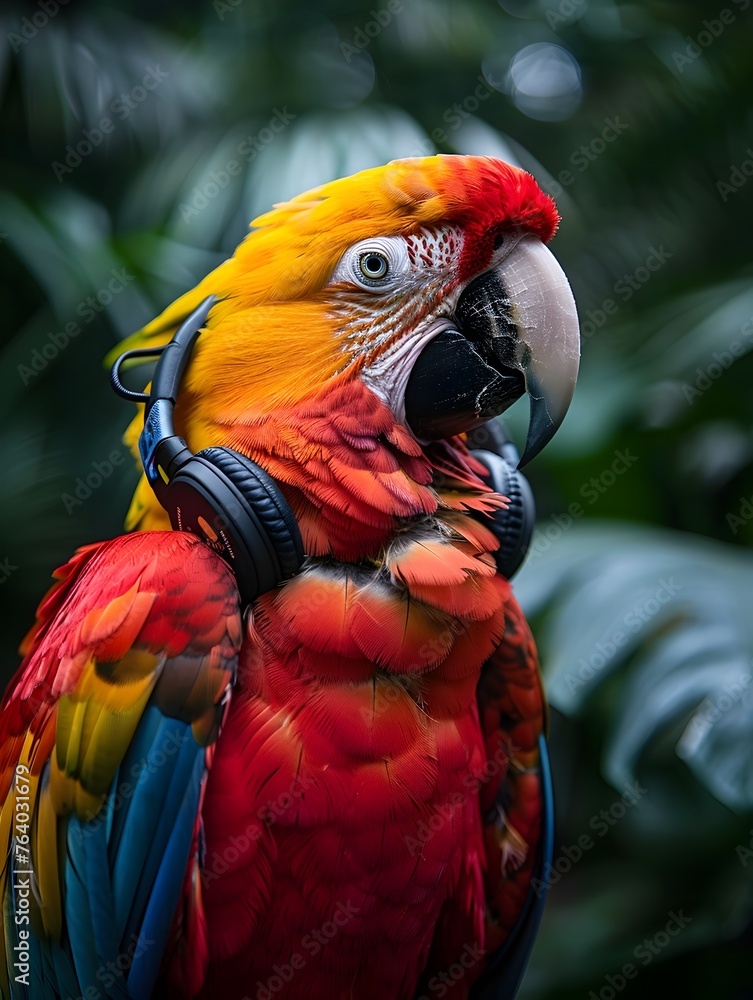 Colorful Parrot with Tropical Themed Headphones Perched on a High Branch in a Lush,Vibrant Environment