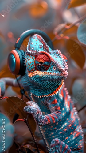 Chameleon Equipped with Color-Changing Headphones Against Vibrant Backdrop with Meticulously Detailed Focus and Color Grading