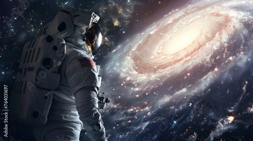 astronaut observing a galaxy in space floating in high resolution