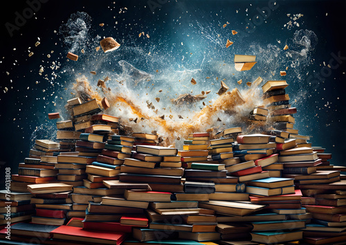 Composition with flying books on dark background