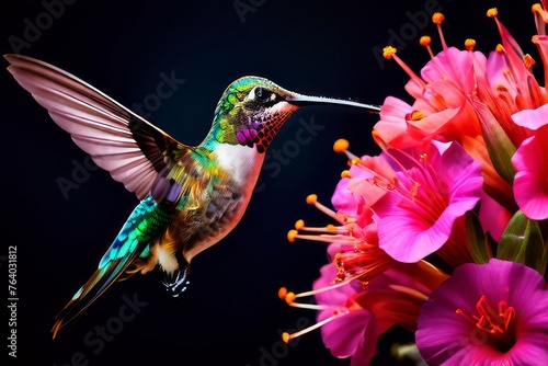 the AI generated illustration of a hummingbird perched on a vibrant flower