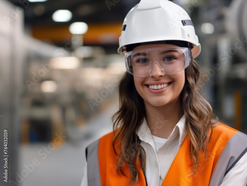 Confident young woman in hard hat and safety gear at a factory, personifying professionalism and positivity in the workplace.