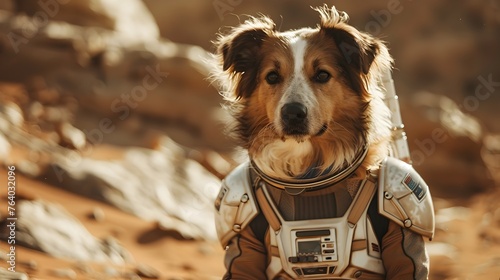 Intrepid Canine Adventurer Explores the Crimson Sands of Mars,Gazing Back at Earth in the Distance photo