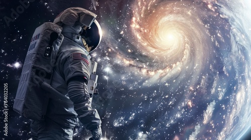 astronaut observing a galaxy in space floating in high resolution and high quality