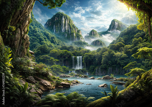 Mountain landscape with waterfalls and green forest Beauty world