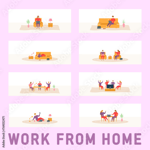 Work from home, coworking, concept illustration. Young people, men and women, are freelancers working on laptops and computers at home. Flat style vector illustration