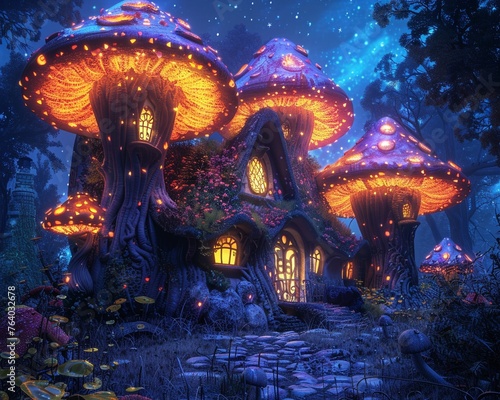 Fantasy mushroom village house vivid colors enchanting detail dreamlike glow