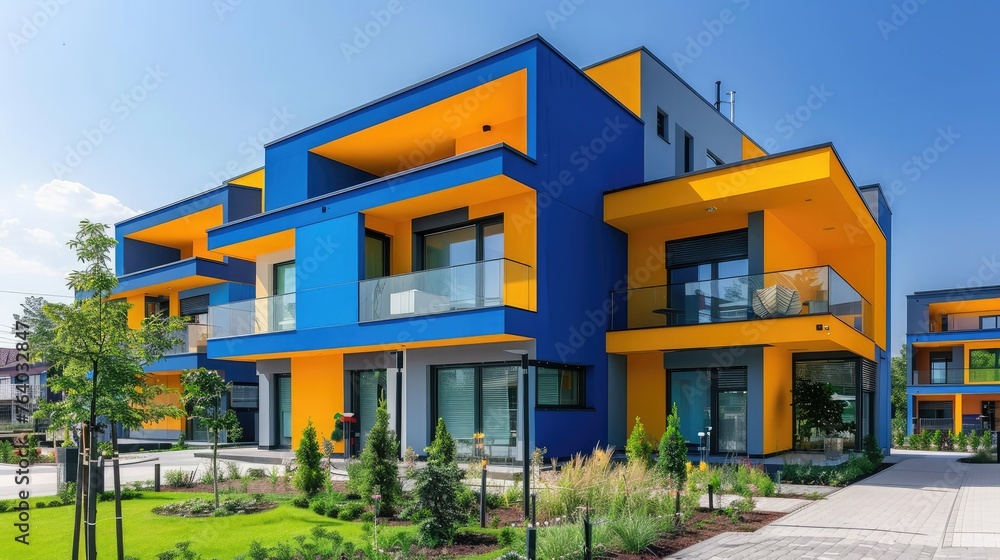 Colorful Exterior of a modern residential apartment and flat building. New luxury mansion and residential complex in blue and yellow colors. City real estate and condominium architecture.
