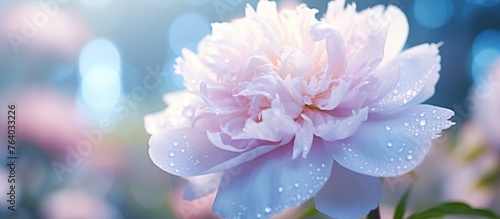 Fototapeta Naklejka Na Ścianę i Meble -  Beautiful blossoming delicate peony and dahlias flowers in the flowers garden with smooth sun light during the day.