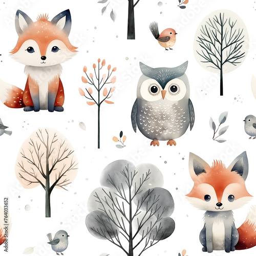 Watercolor seamless pattern of forest animals and trees isolated on white background.