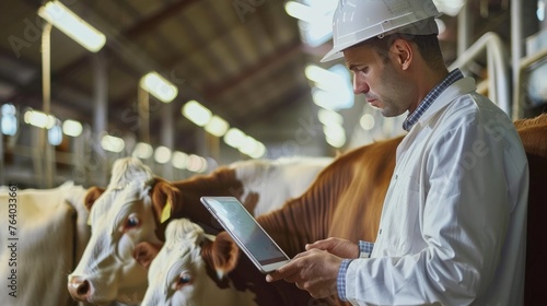 agriculture industry, people and animal husbandry concept - veterinarian or doctor with tablet pc