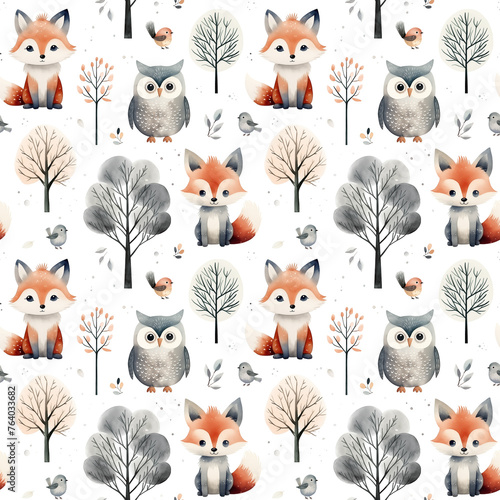 Watercolor seamless pattern with foxes and owls isolated on white background.