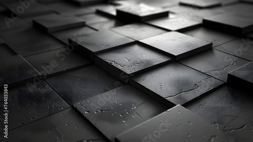 An elevated angle highlighting the shadows and water droplets on textured black tiles