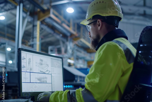 Engineer reviewing blueprints on a computer in an industrial setting.