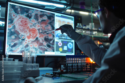 Scientist analyzing samples with a virus illustration on the monitor photo