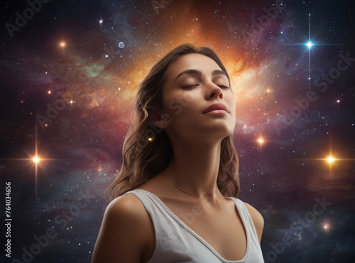 Portrait of young beautiful woman meditates against a backdrop of starry space, concept of spirituality, meditation and cosmic unity.