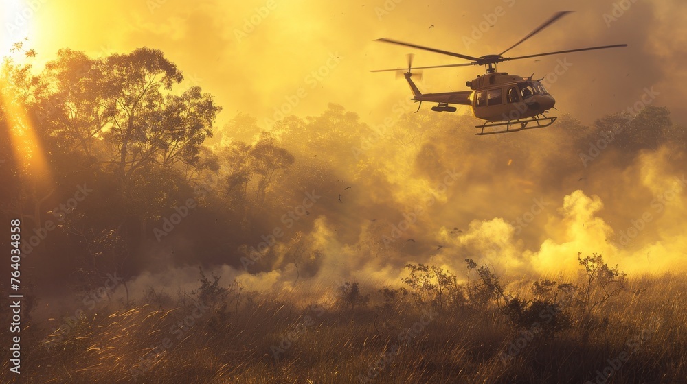 Helicopter Flying Over Smoke-Filled Forest - obrazy, fototapety, plakaty 