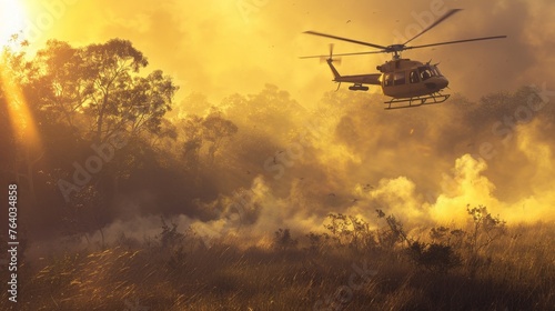 Helicopter Flying Over Smoke-Filled Forest