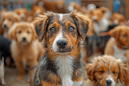 Staring directly into the camera, the mixed-breed dog captures attention with its vivid, multicolored coat and soulful eyes amidst other blurred dogs photo