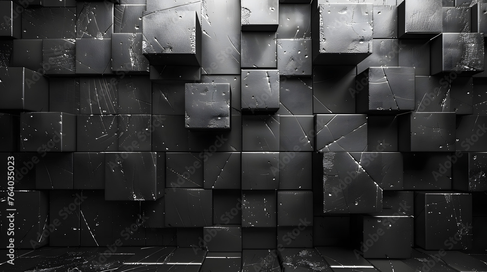 A monochromatic image of an abstract assembly of cubes with various scratches and damage, evoking a sense of chaos and wear - obrazy, fototapety, plakaty 