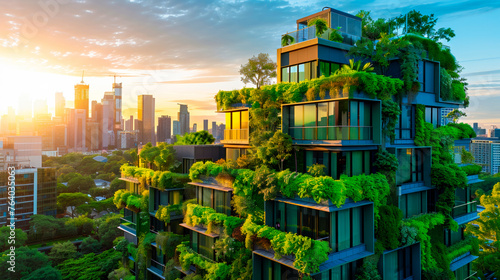 Embracing Sustainable Living in the City. A futuristic  modern cityscape, green spaces, rooftop gardens, and vertical farms seamlessly integrate into the architecture © Focalfinder