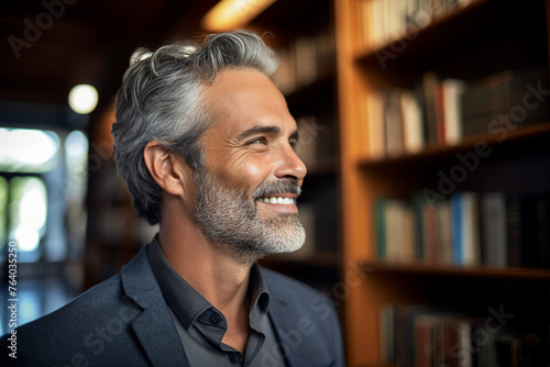 Generated with AI image of middle aged handsome man standing in front of library books