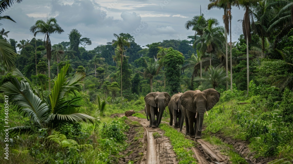Group of Elephants Walking Down a Dirt Road Group of Elephants Walking Down a Dirt Road