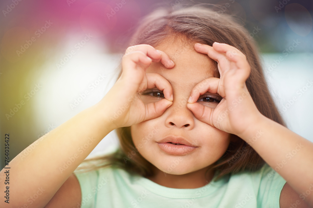 Portrait, child and circle with hands on eyes for playful or silly facial expression, funny and happiness. Girl kid, adorable with gesture on face for vision or glasses, youth and childhood with fun. Portrait, child and circle with hands on eyes for playful or silly facial expression, funny and happiness. Girl kid, adorable with gesture on face for vision or glasses, youth and childhood with fun.