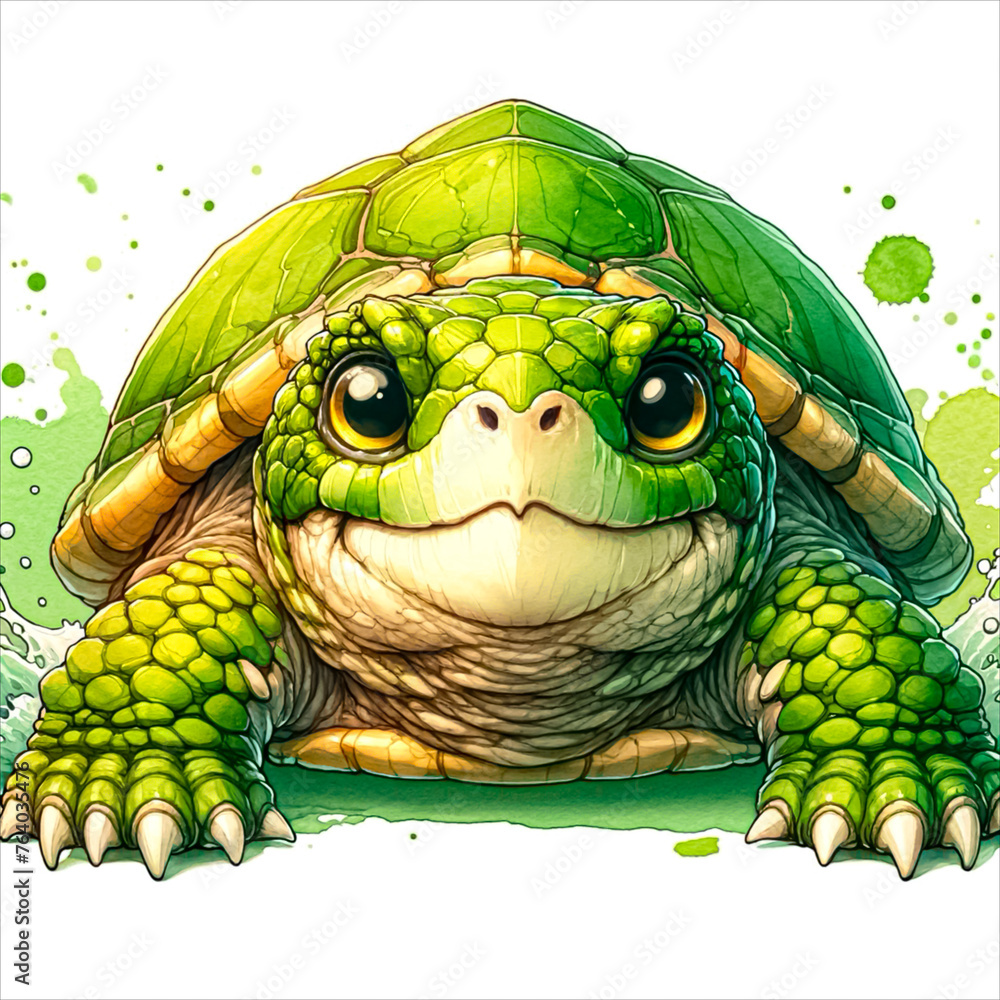 Fototapeta premium An illustration of Snapping cute turtle with a fierce expression, rendered in watercolor style