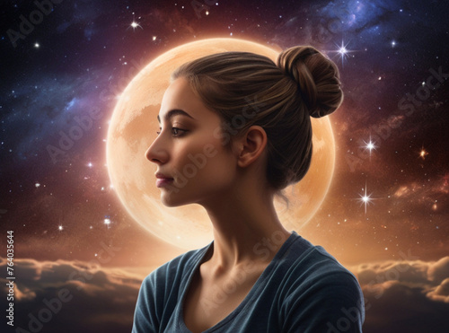 Portrait of young beautiful woman meditates against a backdrop of starry space, concept of spirituality, meditation and cosmic unity.