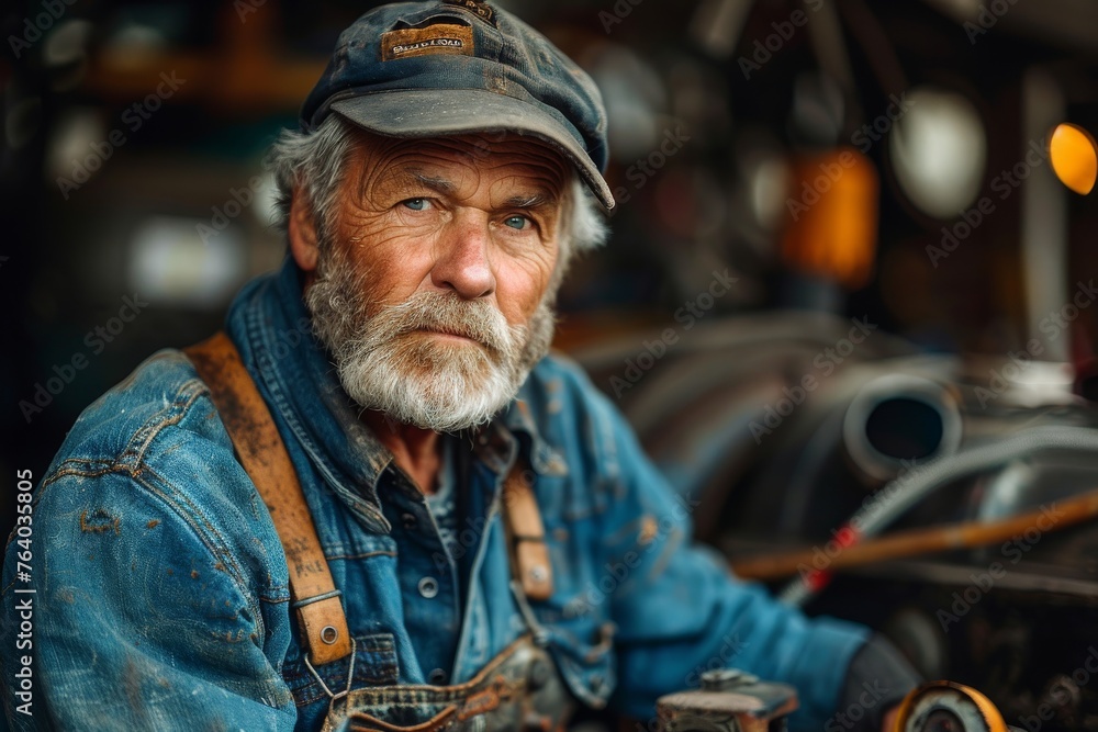 Close-up portrait of an aged male mechanic with a wealth of experience and wisdom evident in his face