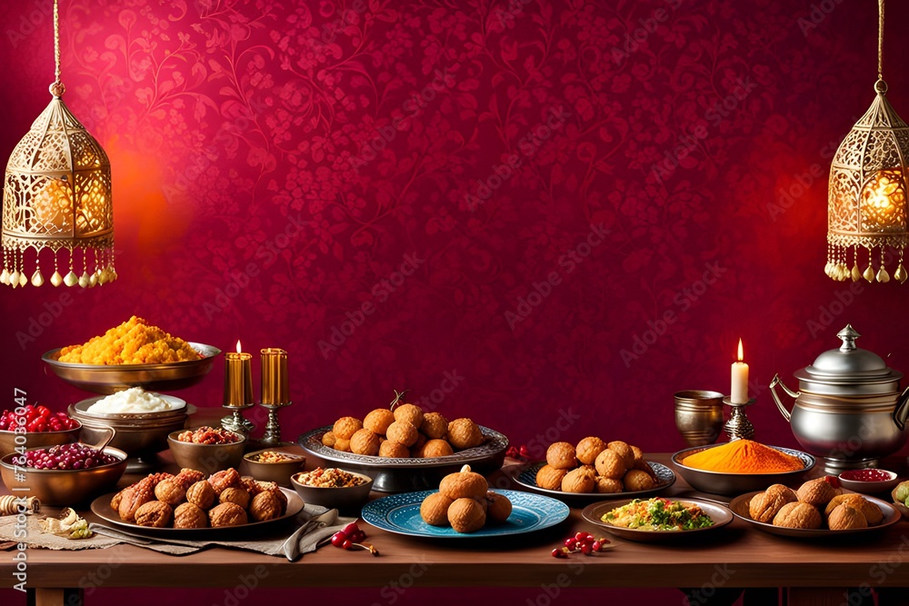 Showcase festive feasts against a celebratory backdrop with room for text.