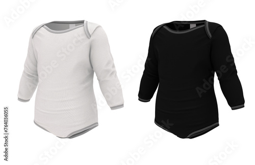Mockup of a long sleeve baby bodysuit in black and white isolated on a white background. Realistic 3D illustration. photo