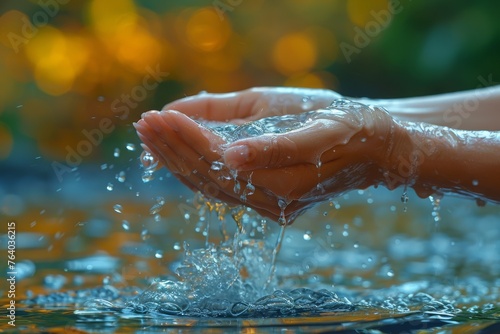 Artistic photography of cupped hands catching and playing with illuminated water droplets
