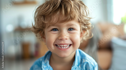 Little Boy Smiling in Blue Shirt. Generative AI photo