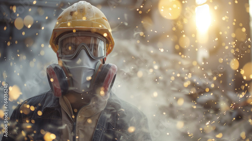 Man Wearing Gas Mask and Protective Gear. Generative AI