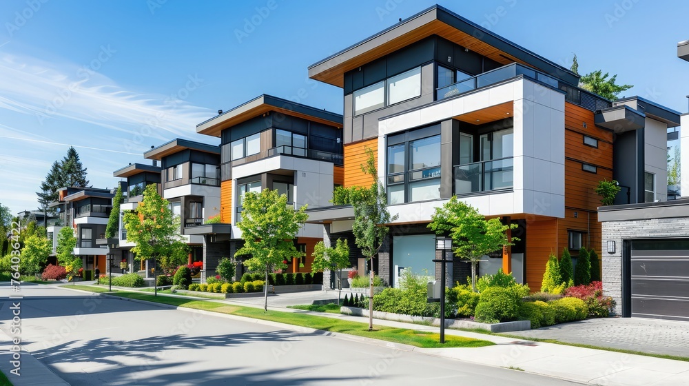  new, modern apartment buildings.Sunny daytime view of modern residential architecture. Contemporary home design, new townhouses built at low elevation. Modern homes in the neighborhood