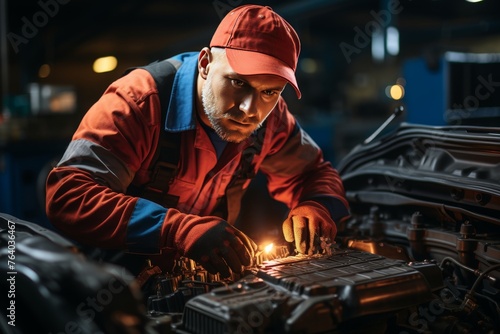 Close-up of mechanic carefully inspecting car engine with precision and specialized tools